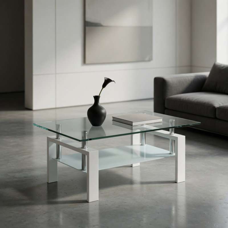 Table basse de salon en verre trempé transparent, 2 couches, Blanc