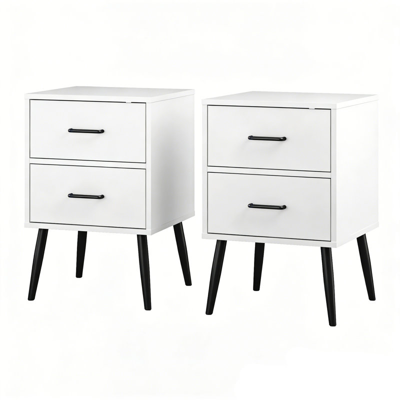 Table de chevet blanche 2 tiroirs, petite table de bout moderne avec rangement Mid-Century, petite armoire de chevet pour la chambre à coucher