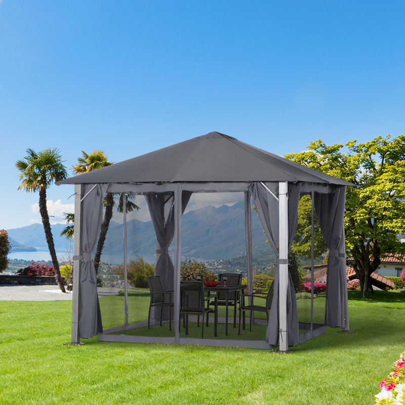 Soft Top Gazebo with Steel Frame and Mesh Curtain Sidewalls, Dark Gray