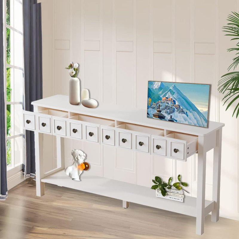 Upgraded Rustic Entryway Table 60" Long Sofa Table With 4 Storage Drawers And Bottom Shelf For Living Room Kitchen Entryway Porch, Antique White