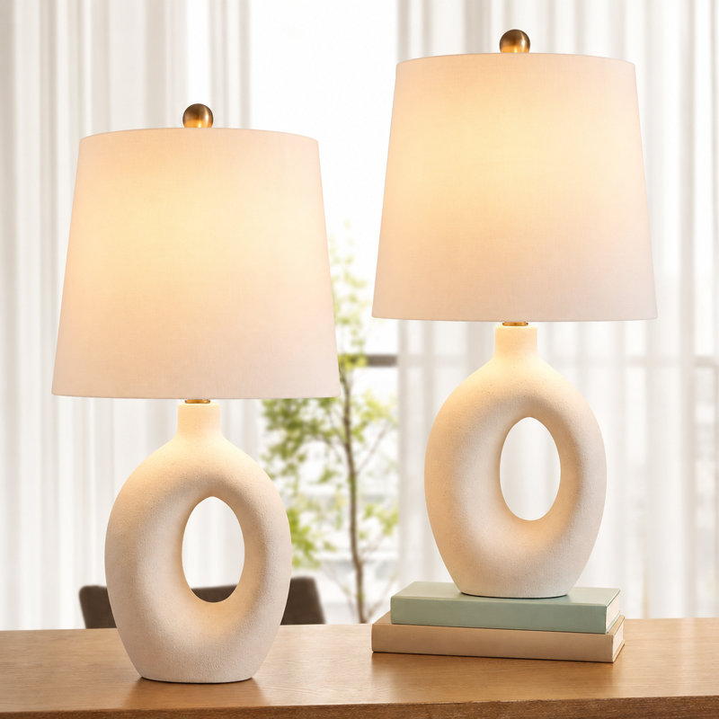 Lampe de table 24 po en céramique moderne avec base en anneau sculpturale et accents en nickel poli