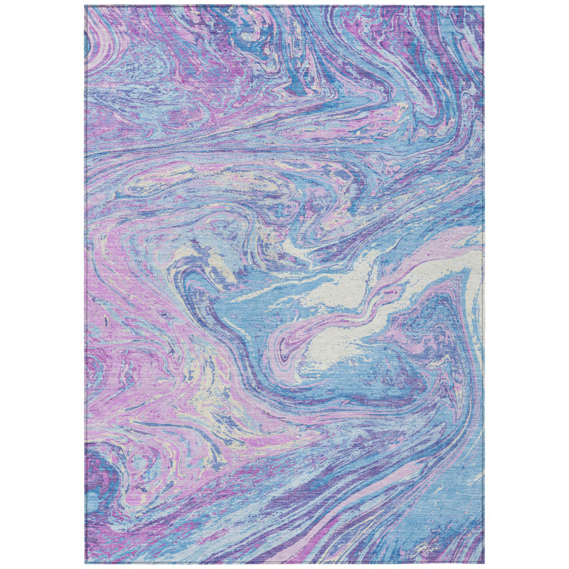 Tapis extérieur lavable abstrait ivoire 8 pi x 10 pi bleu lavande et ivoire