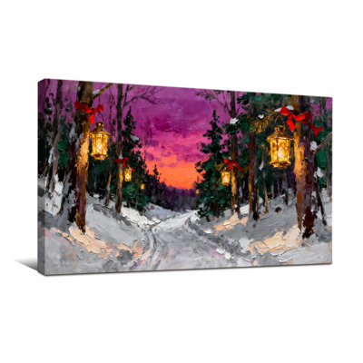 Christmas Winter Forest Path With Lanterns And Snow
