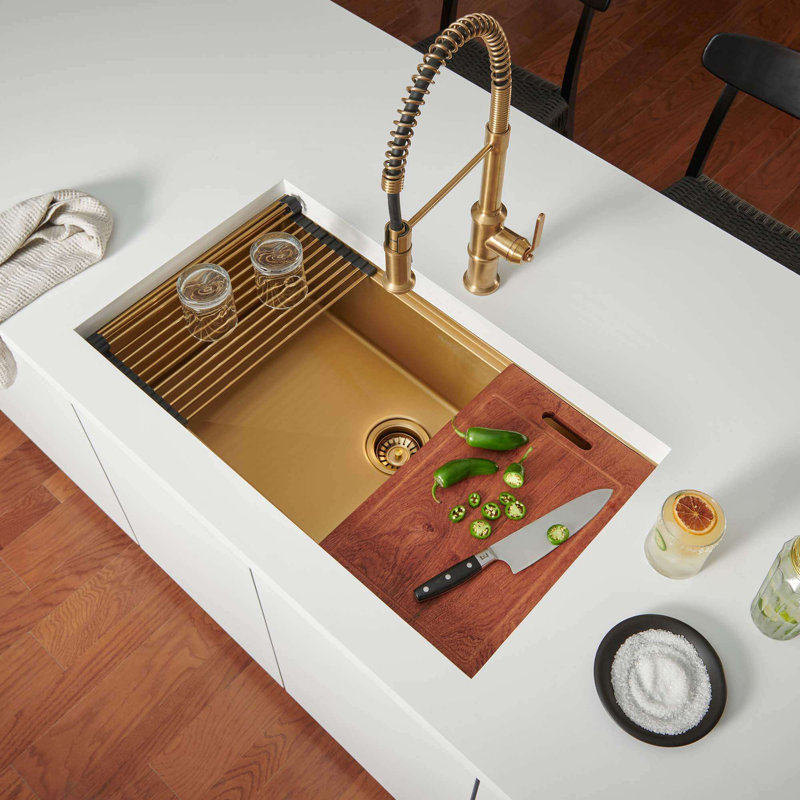 Ruvati 27 inch Workstation Undermount Kitchen Sink Single Bowl, Matte Gold 