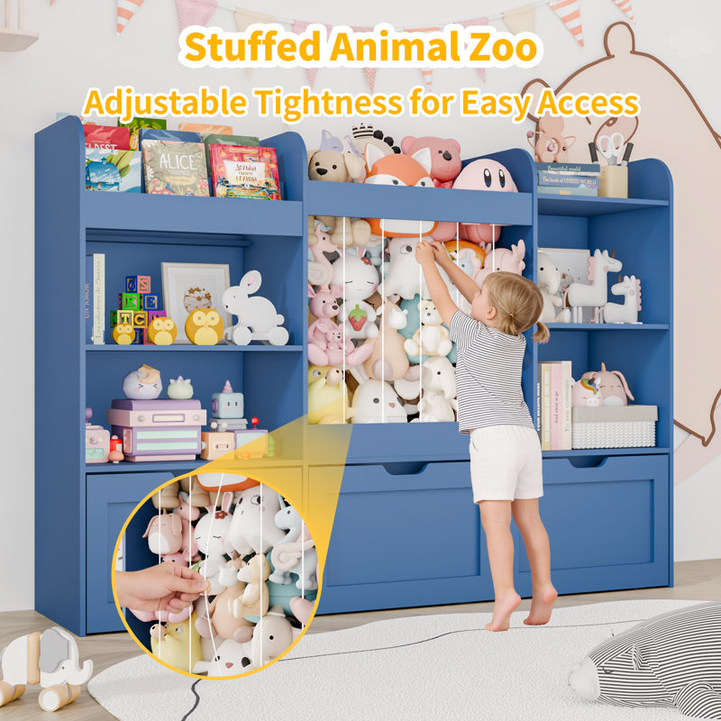 41.3''H Toys Storage Organizer with Kids Bookcases, Stuffed Animal Storage, 3 Movable Drawers, 4 Cube Storage Cabinet and 3-tier Bookshelf for Playrooms, Bedroom, Blue