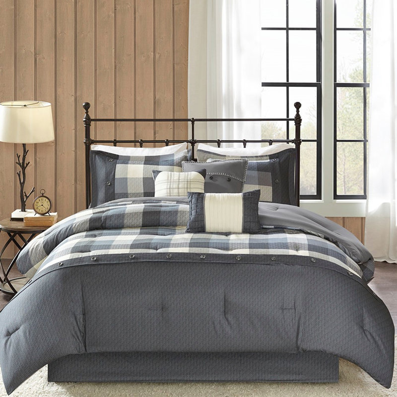 7 Piece Comforter In Grey King, Herringbone Style, Buffalo Plaid Pattern, Filled, Comforter, 2 Shams, 3 Decorative Pillows, Bed Skirt, Easy Care Ridge King , Pieces, Fill, To Maintain And Fluff Up
