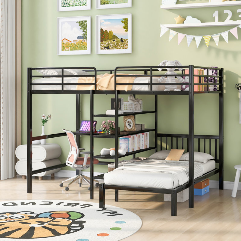 Lit superposé en métal avec bureau intégré, Noir