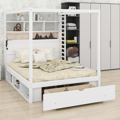 Structure de lit à baldaquin avec tête de lit bibliothèque, prises USB et lumières DEL, casiers de rangement sous le lit, tiroir du pied de lit et support de suspension réversible