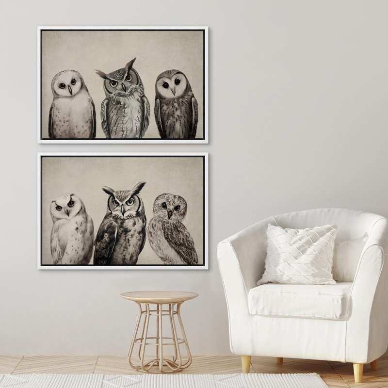 Oiseaux, animaux, hiboux, animal, 2 pièces, H 16 po x l 24 po, Cadre blanc