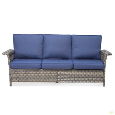 76.7" Wide Outdoor Wicker Patio Sofa, Wide Armrest Outdoor Couch With  Cushions For Porch Garden