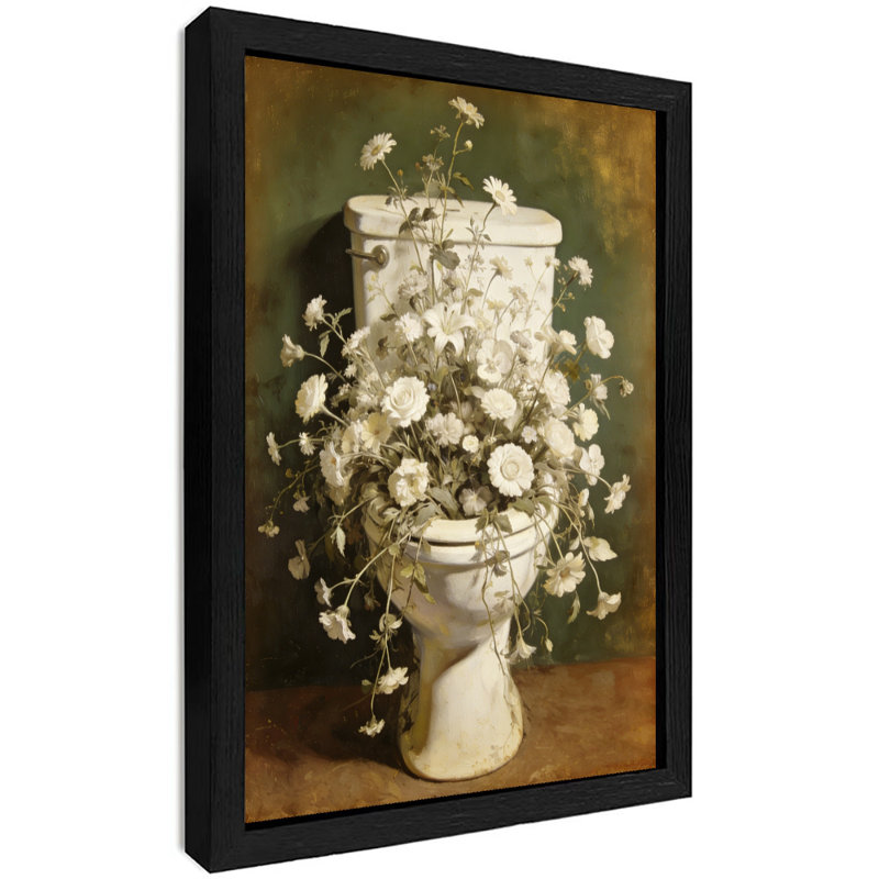 Toile de salle de bain florale noire encadrée noire rétro, H 11 po x l 9 po
