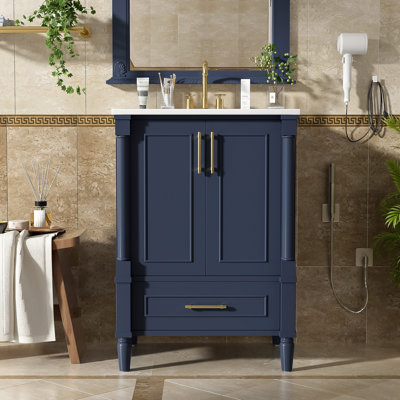 Meuble-lavabo moderne avec motif orné et charnières à fermeture en douceur, armoire de salle de bain avec tiroir et structure ouverte à l'arrière, pieds français cylindriques sculptés