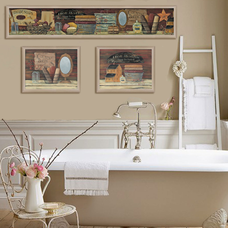 «Country Bath II», ensemble de 3 encadrements de vignettes pour le salon et la maison par Pam Britton, Brun