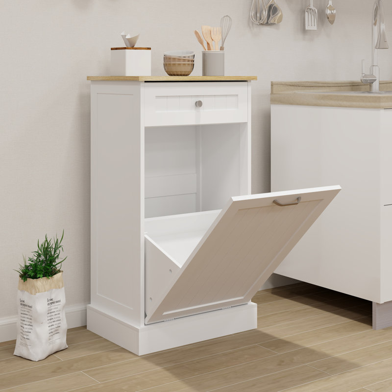 White Wooden 10 Gallon Pull-Out Trash Cabinet with Drawer