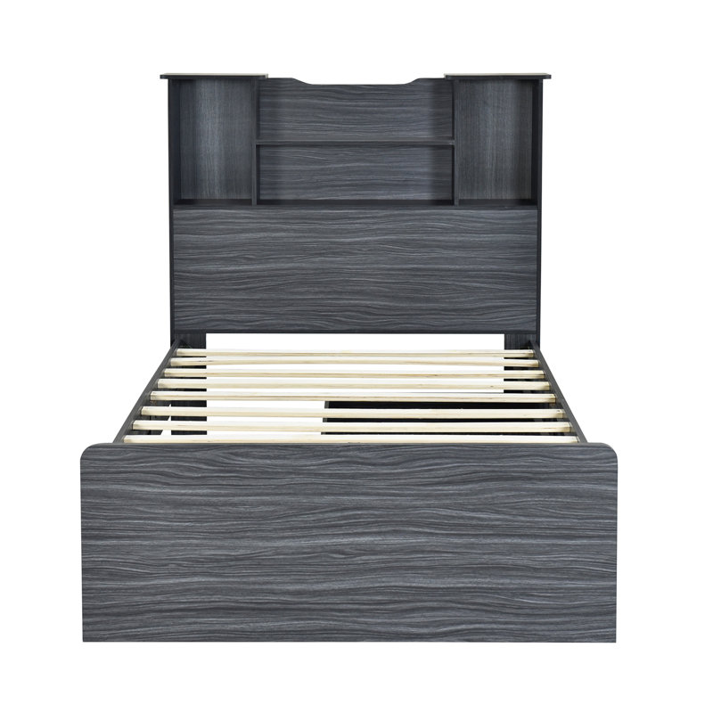 Stylish And Functional Twin Size Storage Bed With Open Shelves And Drawers