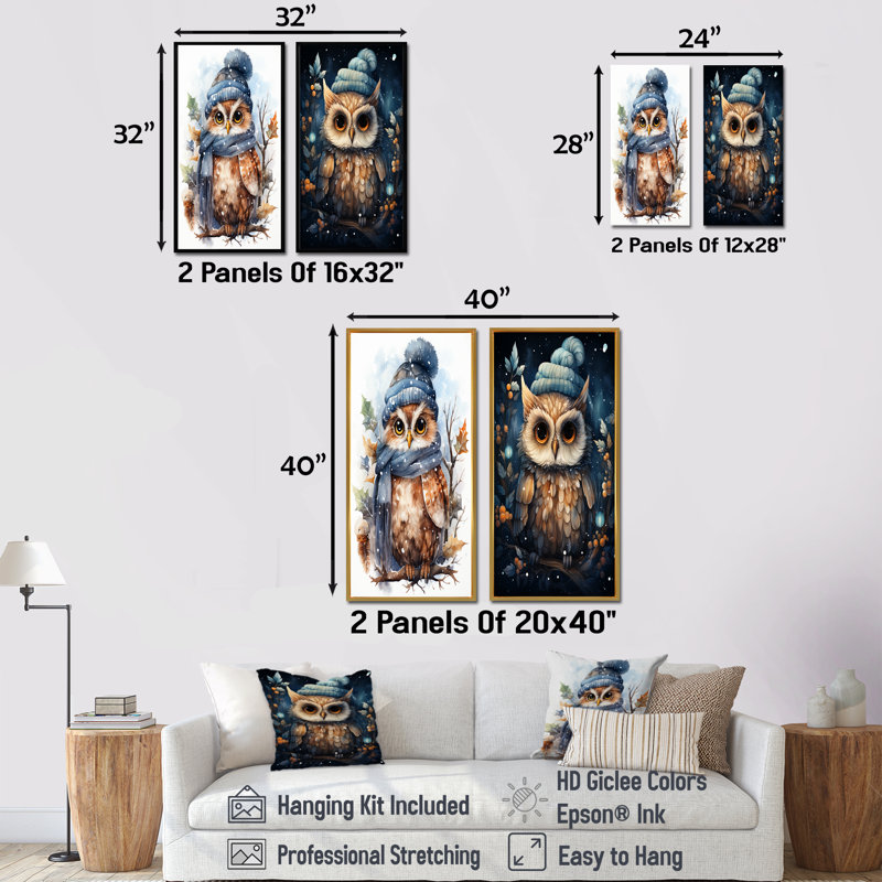 Ensemble de 2 décorations murales Winters Owl Nursery Serenity I - Owl, H 28 po x l 25 po, Cadre noir