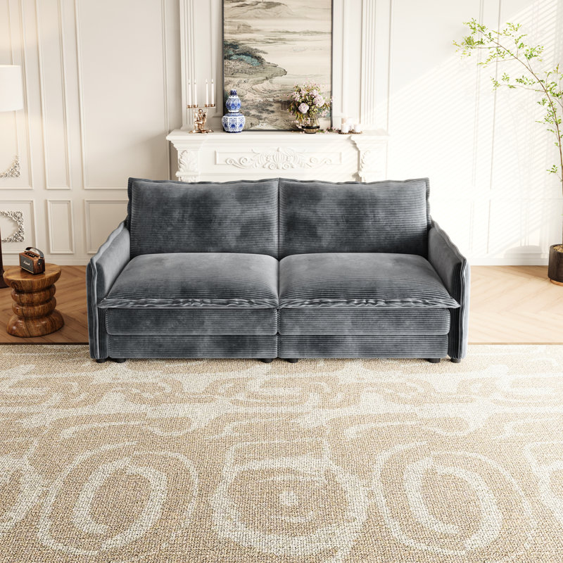 Corduroy Couch For Living Room - 2 Grey Solid Wood Frame High Fabric Upholstery Structure Sponge Filled Comfortable Seating