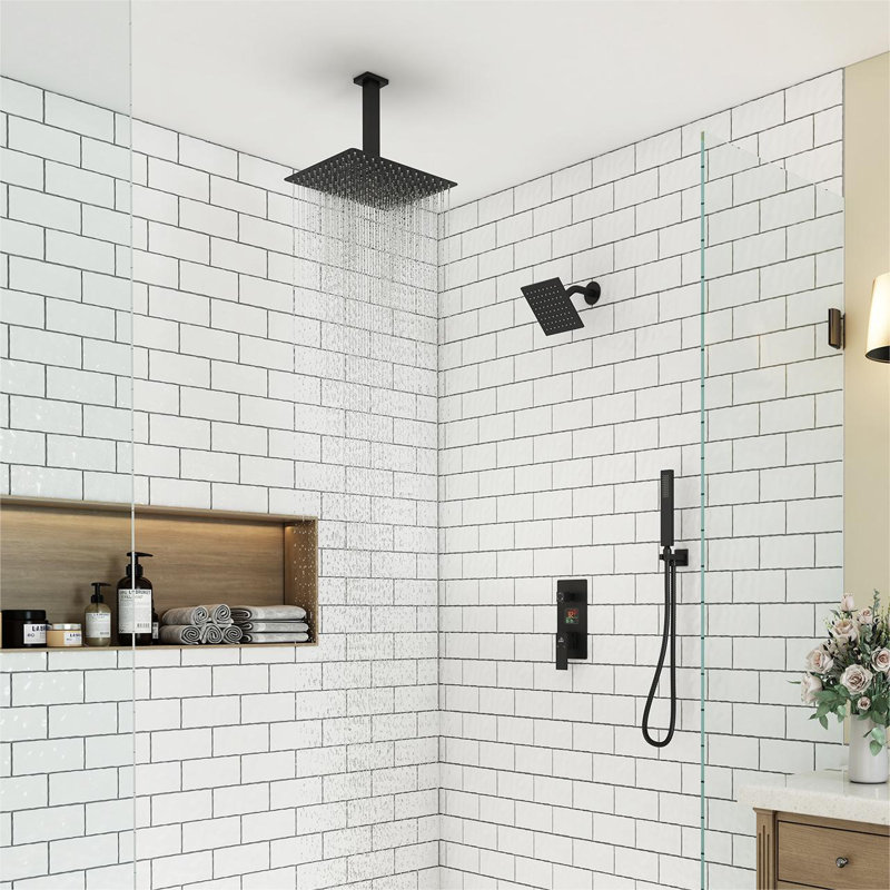 Rainfall Symphony Dual Shower Head Pressure-Balanced Complete Shower System with Digital Display, Matte Black