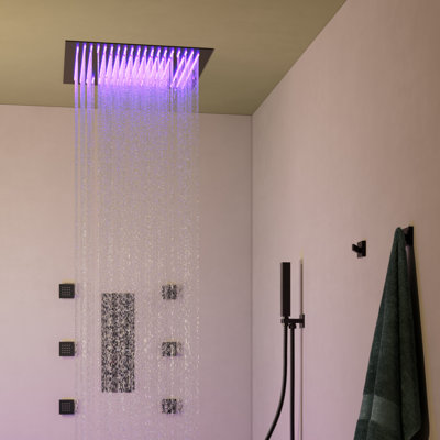Système de douche thermostatique à effet pluie avec éclairage DEL de 20 pouces, montage au plafond, 6 jets corporels et douchette à main à double fonction.