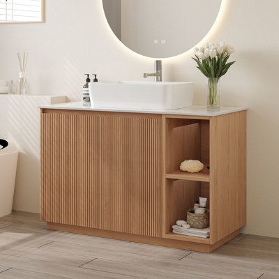 36" Freestanding Bathroom Vanity with Vessel Sink, Sintered Stone Countertop, Fluted Wood Cabinet, Soft-Close Doors & Open Shelves