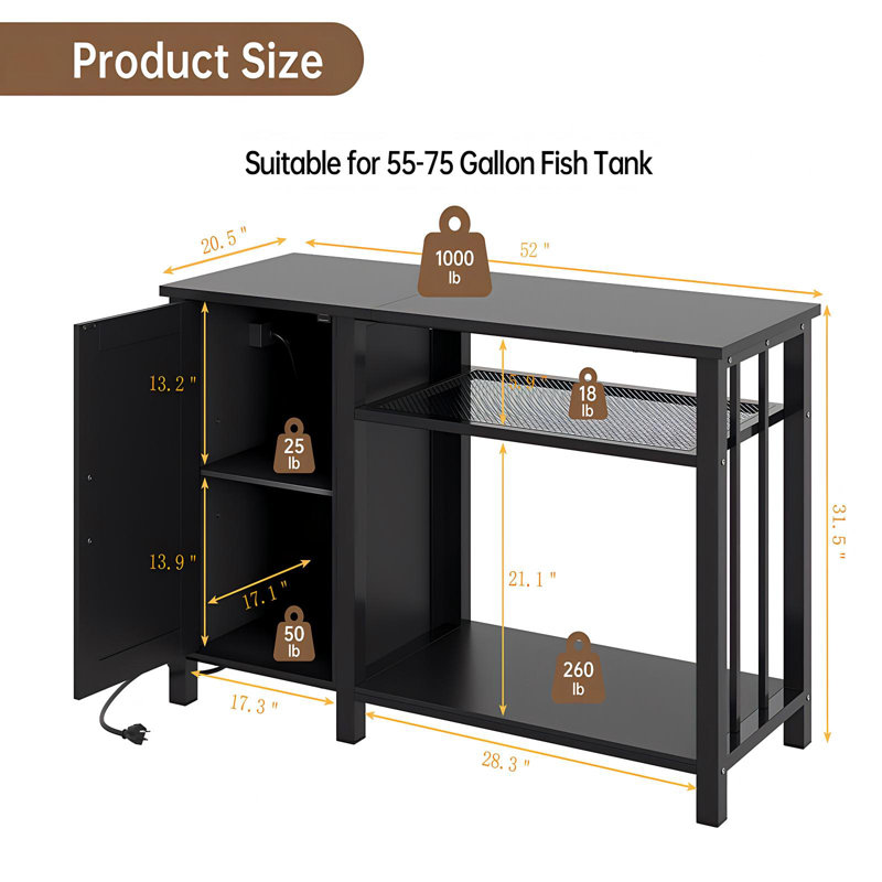Support pour aquarium robuste Haven Ato 55-75 gallons, Noir