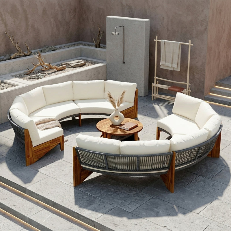 3-Piece Outdoor Conversation Set With 2 Semi-Circle Sofas And 1 Coffee Table, Beige