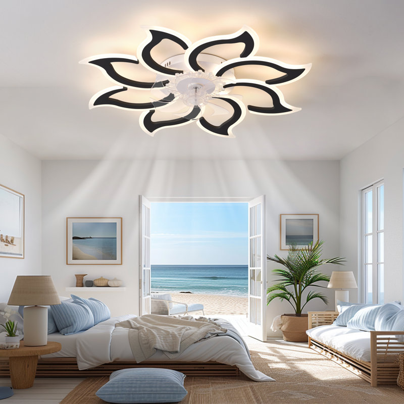 Ventilateur de plafond moderne à 7 pales de 35 po avec lumières DEL et télécommande Meakem, Noir, noir, noir, noir