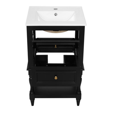 Meuble-lavabo de 20 po avec lavabo en céramique, armoire de rangement avec tablette ouverte, armoire de salle de bain rétro avec 2 tiroirs