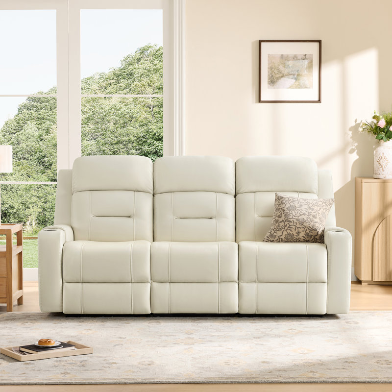 Olathe Genuine Leather Dual Motor Power Reclining Lay Flat Sofa With Power Headrest, Cream