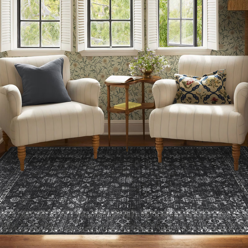 Floral Machine Printed Area Rug, Rectangle 120 x 170 cm, Black
