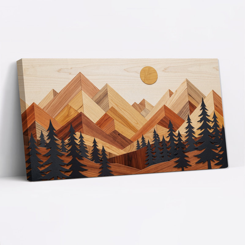 Toile murale représentant une chaîne de montagnes en bois avec des pins noirs, 32“W x 16”H