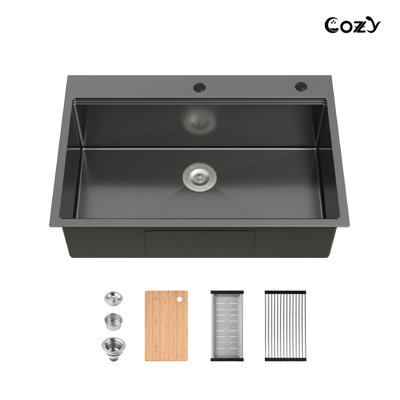 33" L Drop-In Single Bowl Stainless Steel Kitchen Workstation Sink with Colander, Basket Strainer, Cutting Board, Dish Rack