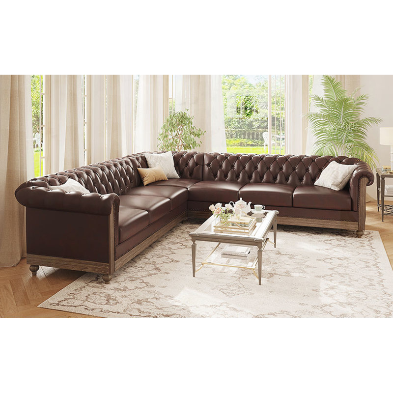 Retro Style Large Sectional Sofa with Wooden Legs, Dark Brown