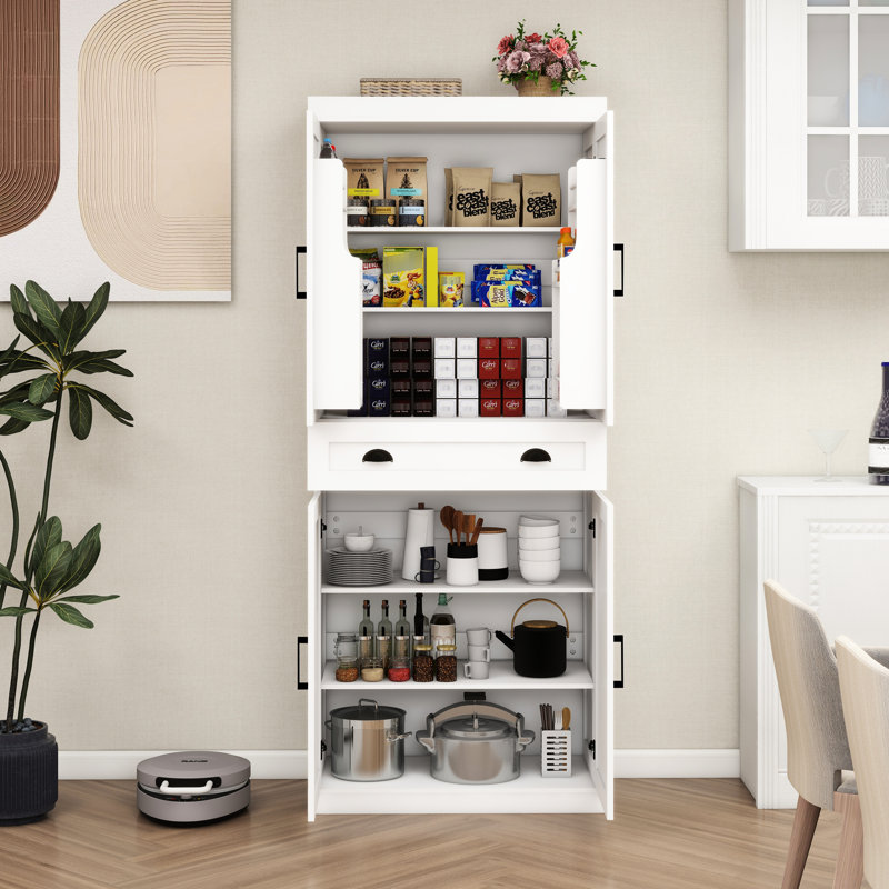 Armoire garde-manger blanche de 71 po pour la cuisine. 4 portes, 1 tiroir, 2 tablettes réglables. Rangement suffisant. Matériau E1. Enduit. Stable et sécuritaire. Armoire de rangement facile à assembler - blanche. Portes 2