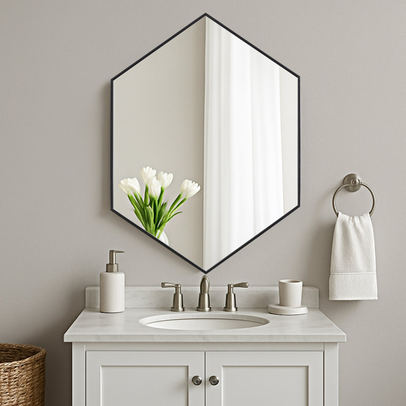 Modern Metal Framed Hexagon Wall Mirror, Matte Black, 34" x 24"