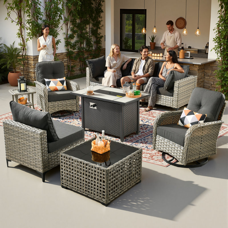 6 Seats High Quality Pe Rattan Outdoor Furniture Sofa With Rocking Chair And Stove, Can Be Freely Combined, Black