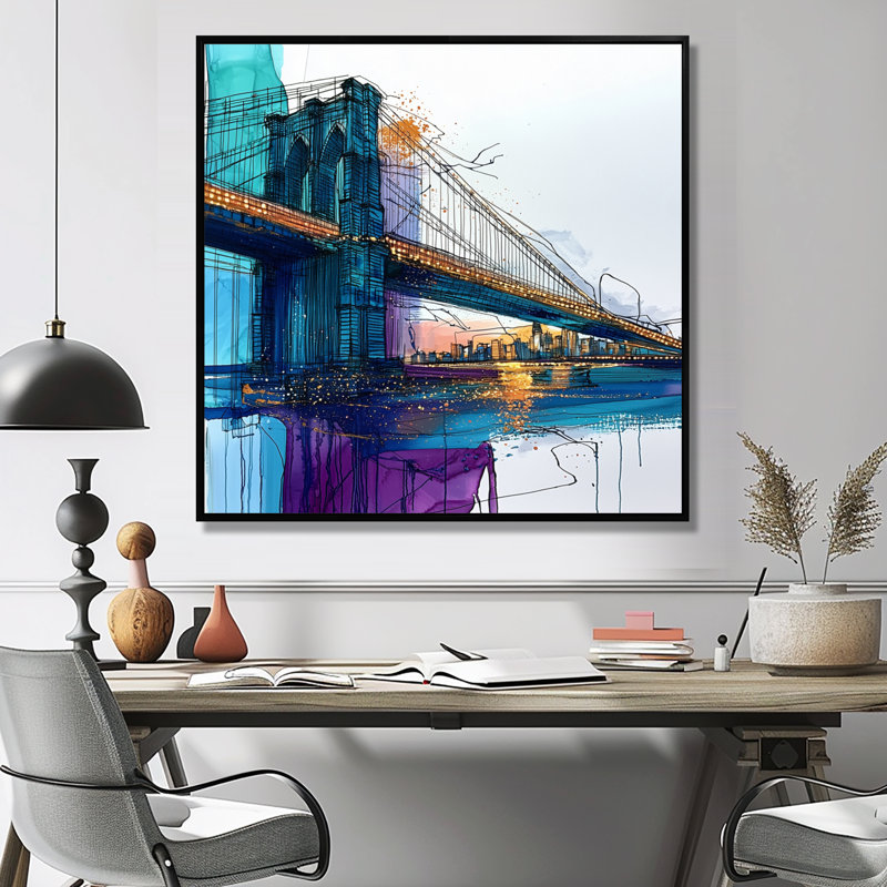 «Ladarren Abstract Brookyln Bridge In Aqua Reflection», art mural de New York, H 36 po x l 36 po, Noir, noir, noir, noir
