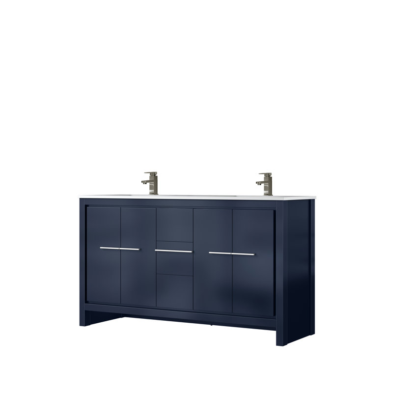 Lafarre 60 in W x 20 in D Double Bath Vanity and Gun Metal Faucet Set, White Cultured Marble, Navy Blue