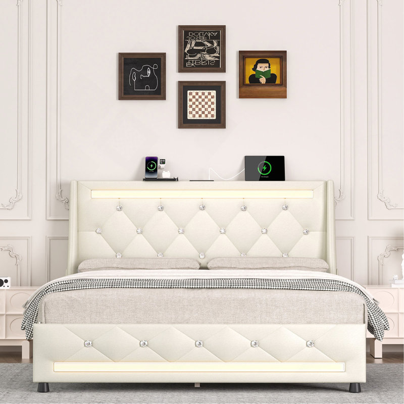 Bed Frame With LED Light & Charging Station, Upholstered Platform Bed Frame With Headboard/Wooden Slat Support/Bluetooth Speaker, No Box Spring Needed/Noise-Free,Easy Assembly