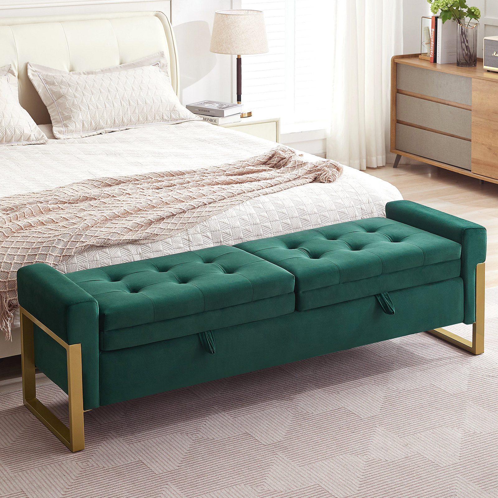 Mercer41 Drewes 66'' W Upholstered Storage Bench for Bedroom End of Bed King Size with Button-Tufted and Metal Gold Legs & Reviews | Wayfair