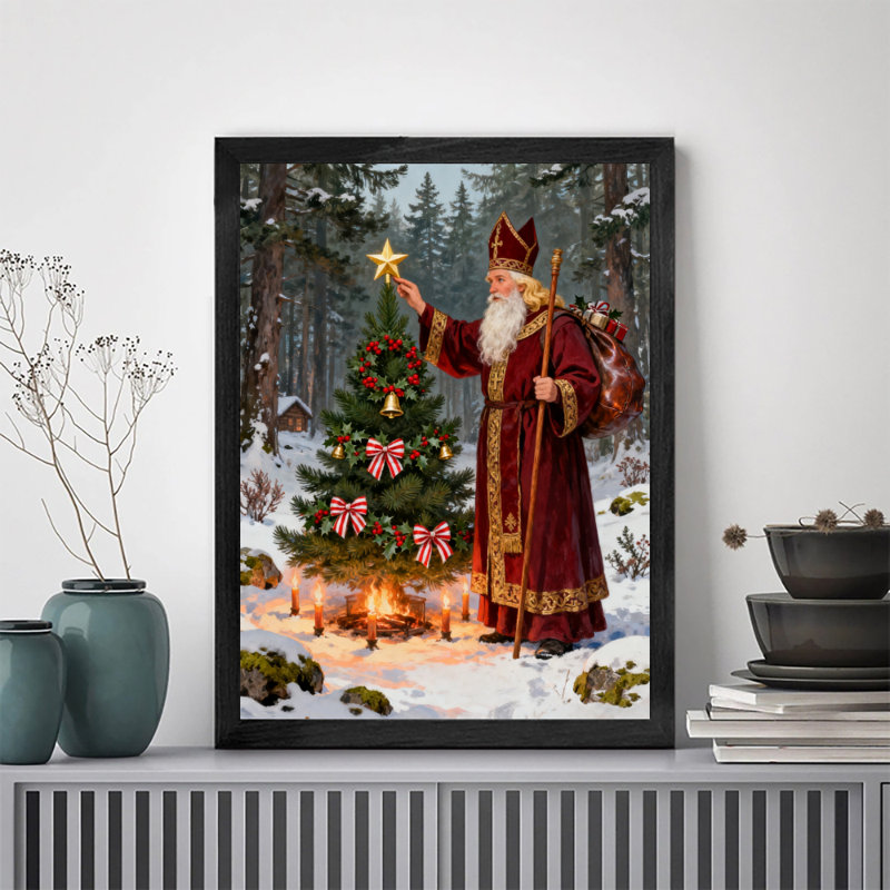 Art mural rétro noir avec père Noël et arbre de Noël, impressions de style rétro, H 25 po x l 17 po
