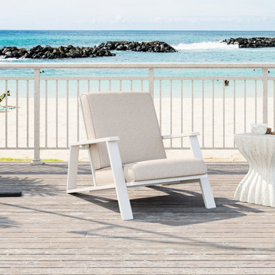 Outdoor Patio Lounge Chair, Beige Cushioned Club Chair With White Acacia Wood Frame, Weather-Resistant Deep Seating Chair For Backyard, Poolside