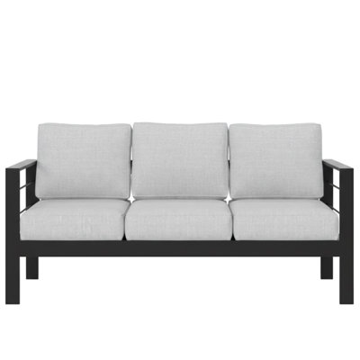 Canapé d'extérieur de 73 pouces en aluminium résistant aux intempéries, 3 places, coussins gris épais, structure antichoc, hydrofuge, montage facile, structure noire, supporte jusqu'à 408 kg, amovible