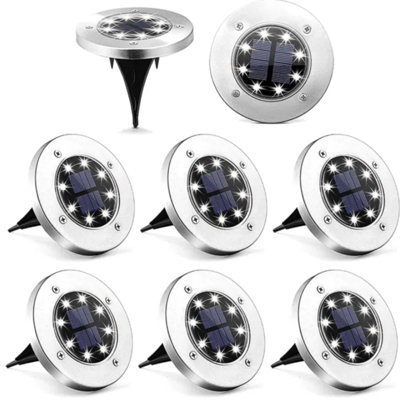 Low Voltage Solar Ground Lights 8 LED Garden Waterproof Disk Light Outdoor Pathway Metal Well Light