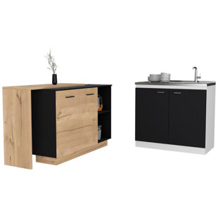 Copperton 2 Piece Kitchen Set, Kitchen Island +  Freestanding Sink, Black / Light Oak - White / Black