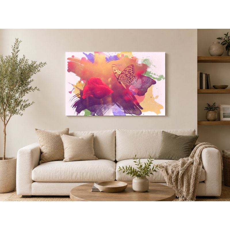 Papillon et roses rouges - art mural sur toile paysage, 36" W x 24" H
