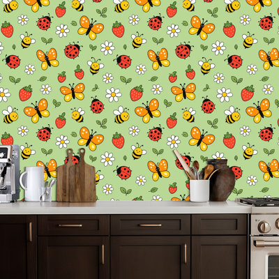 Papier peint auto-adhésif Papillons mignons, coccinelles, abeilles, fleurs, fraises, papier de contact vert, adhésif mural amovible
