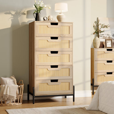 Commode de ferme de 23,6 po de largeur pour chambre à coucher, 5 tiroirs, commode en bois de rotin avec pieds en métal, armoire de rangement pour couloir