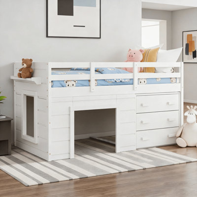 Lit mezzanine simple bas avec commode 3 tiroirs et rangement sous le lit