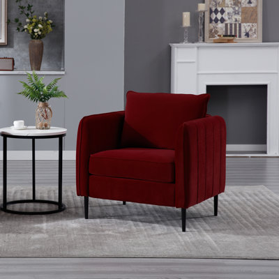 Cozy Single For Office Reading - Modern Velvet Upholstered Chair With Soft Spring Cushion And Non Slip Foot Mats, Structure Accent Living Room Nook Setup Wine Red Bold Line Robust Metal Frame, Fabric